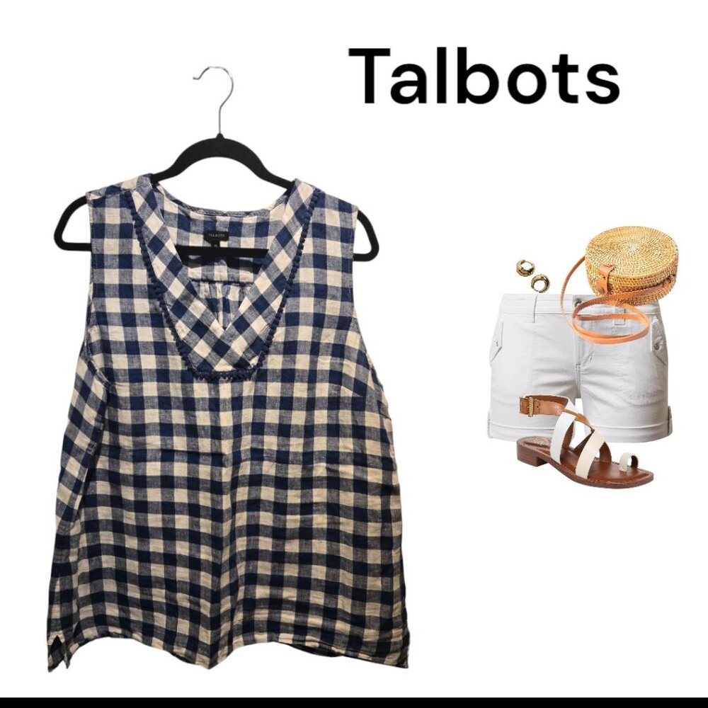 Talbots Blue and White Checkered 100% Linen Tank Top Preppy Summer